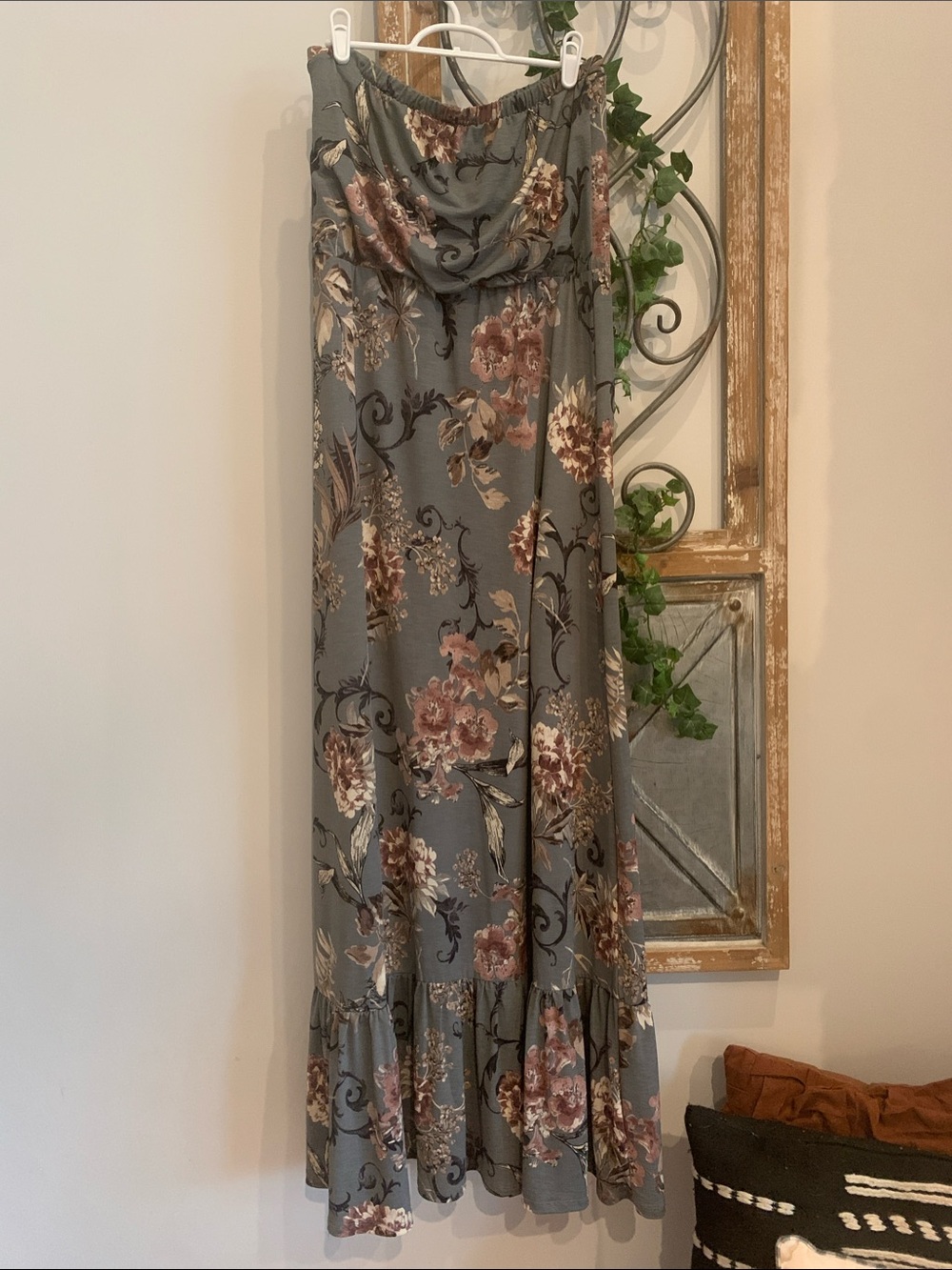 Wishlist Gray Strapless Maxi Dress with Rose Floral Print and Ruffle Hem